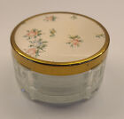 Vintage Vanity Footed Art Deco Ribbed  Glass Powder Jar  With Floral Metal Top