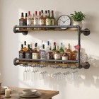 Rustic Wall Mounted Wine Rack With Stemware Holder - 2 Tier Floating Bar Shelf F