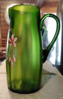 Antique Hand Blown Hand Painted Green Frosted Glass Pitcher Applied Handle 6 Cup