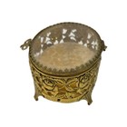 Vintage Ormolu Jewelry Casket Beveled Glass Lid Gold Filigree Trinket Box Footed