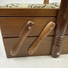 Vtg Sewing Box Tapestry Wood Accordion Style 2 Tier With Supplies  see Photos