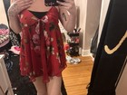 Inner Affair Red Floral Chiffon Full Slip Adjustable Straps Bow Accent Medium