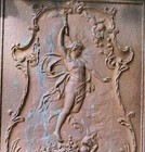 Vintage Fire Back Antique French Art Nouveau Cast Iron   maiden And Cherubs 