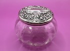     Vintage Sterling Silver Repousse Glass Vanity Jar Ornate Floral Lid 3   