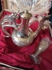 Vintage Asian thailand  Silver Plated Wine Sake Set Repousse Dragon Pitcher 6   