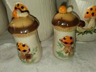 Vintage retro Mushroom Ceramic Kitchen Canister Set 6pc W  Lids Handles 11in
