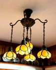 Slag Glass Chandelier Antique Six Panel Curved Tulip Shades Five Arms