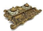 Antique Art Nouveau Brass Double Inkwell Pen Tray 11 