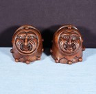 Pair Of 3  Tall French Antique Highly Carved Jester Heads In Solid Walnut Wood