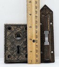 1900 Door Plate Escutcheon   Slide Latch Bolt Eastlake Victorian Floral Oriental