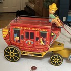 Fisher Price Vintage Wooden Stage Coach Gold Star Line Pull Toy  175 1950s