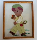 Vtg 1950s Set Of 2 Felt Art Pictures Lil Girl W duck   Lil Boy With Garden Tools