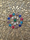 Vintage Large Gold Tone Filigree And Multicolor Rhinestone Powder Compact Mirror