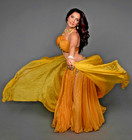 Eman Zaki Belly Dance Costume Set Gold Chiffon Bra Belt Skirt Golden Era Rhinest