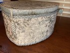 Vintage Heart Shaped Sewing Basket Gray Tapestry Looking Fabric Exterior