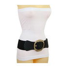 Women Black Wide Faux Leather Elastic Belt Hip Waist Gold Metal Round Buckle S