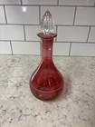 Vintage Cranberry Glass Decanter With Etched Bands And Clear Stopper 