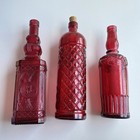 Lot Of 3 Vintage Style Red Embossed Glass Bottles With Cork Top Bud Vase Decor