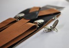 Tan Brown Elastic Suspenders Braces With Bronze Metal Clips For All Ages