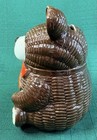 Vtg Otagiri Omc Hand-painted Ceramic Basket Weave Bear Coin Bank Japan Nursery