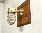 Vintage Nautical Brass Wall Sconce Caged Ribbed Glass Globe Ship Bulkhead Light