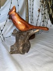 Hand Carved Wooden Cardinal Bird On Wood Base