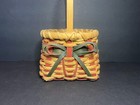 Vintage Tan  Red   Green Small Woven Wicker Basket W  Handle   Bow 7 75 X 4 