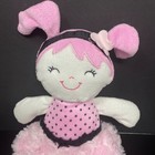 Baby Gear Soft Plush Girl Doll Pink Swirl Fur Skirt Satin Black Polka Dots Lovey