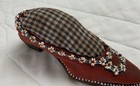 Antique Red Leather Shoe With Beads Pin Cushion  Blue Check Fabric