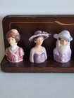 Vtg Avon Ladies Of Fashion 8 Bisque Porcelain Thimbles Dark Wood Display Stand