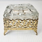 Vintage Glass Jewelry Casket Box Gold Filigree Footed Vanity Trinket Holder
