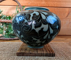 Vintage Korean Signed Celadon Vase Crackle Glaze  Floral Flowers H 5 3 