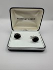 New Vintage Geoffrey Beene Cufflinks Set Silver Tone Black Octagon In Box