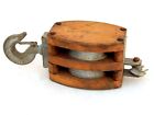 Vintage Nautical Maritime Large Wooden Pulley Rustic Barn Iron Hook Block Tackle