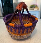African Ghana Market Large  Basket Hand Woven Leather Wrap Handle Colorful