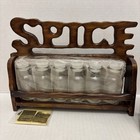 Vintage 1970 s Spice Rack Carved Wood Wall Mount 6 Glass Bottles Carved  spice 