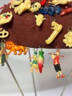 Vtg Cracker Jack Premiums 90  Prizes Glass Celluloid Metal Charms On Wool Beanie