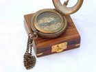 Vintage Handmade Nautical Brass Sundial Compass W chain   Wooden Box Case