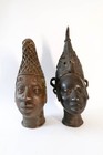 Pair Of Vintage Benin Bronze Head Sculptures African Art Nigeria