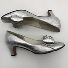 Vintage Silver Pumps Heels Bows Rhinestone Sz 7 Narrow Fairy Princess Shoes