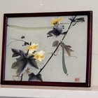 Chinese Silk Screen Embroidery Glass Inlaid Table Screen 16x12 Inch Framed