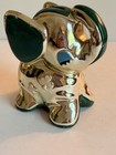 Vintage Glossy Golden   Green Elephant Piggy Bank Trunk Up W stopper Japan Stamp