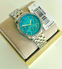 New Michael Kors Bryant Mk7539 Silver Tone Pave Bezel  Blue Dial  Lady 35 Mm