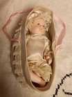 Vintage Antique Jointed Porcelain Baby Doll Satin Lace Trim Bassinet Crib Bonnet
