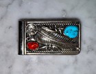 Vintage Navajo Sterling Silver Top Turquoise   Red Coral Ornate Money Clip