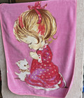 Vintage Pink Plush Baby Child Throw Blanket Little Girl Praying And Cat 42 x58 