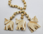 Carved Elephant Necklace 20    Dangle Earring Set Cream Plastic Beads