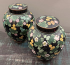 Chinese Cloisonne Copper  Temple Ginger Jars Urns Pair Black Floral   2  Pair