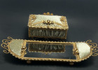 Vintage Gold Filigree Jewelry Box   Mirror Vanity Tray Set Roses Velvet 1950s