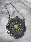 Antique Vintage Purse Silver Frame Blue Star Beadwork Bead Coin Bag 4 In Sq